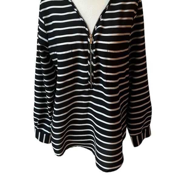 Calvin Klein Black & White Striped Zippered Blouse - Picture 6 of 16